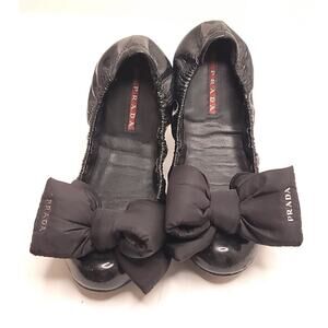 Prada Sport Black Patent Leather Nylon Bow Detail Scrunch Ballet Flat Size 36.5